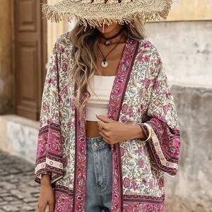 Boho Kimono Cardigan with Pink Accents